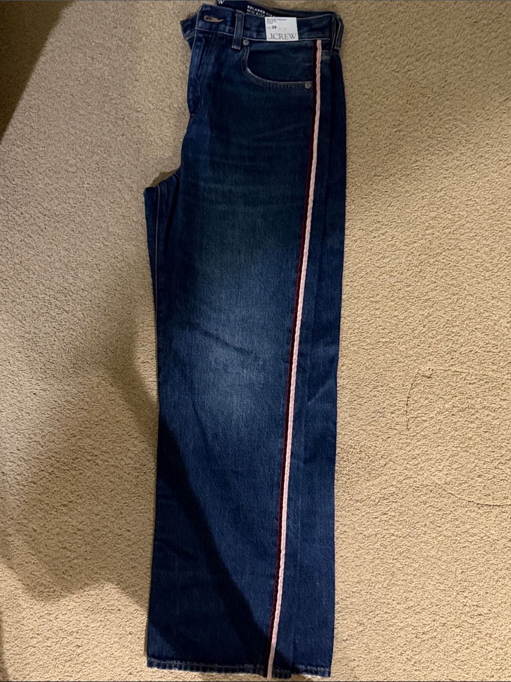 J. Crew Women’s Dark Blue Straight Jeans with Pink Side Stripe